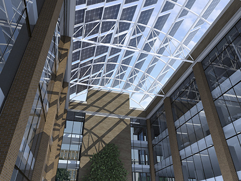 BIM Global Campaign image showing the interior courtyard of the Romulus building model.