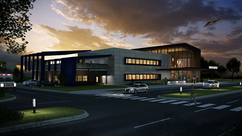 Rendering of a health care center designed in Revit and rendered using 3ds Max Design. Image illustrates a workflow between Revit and 3ds Max Design.